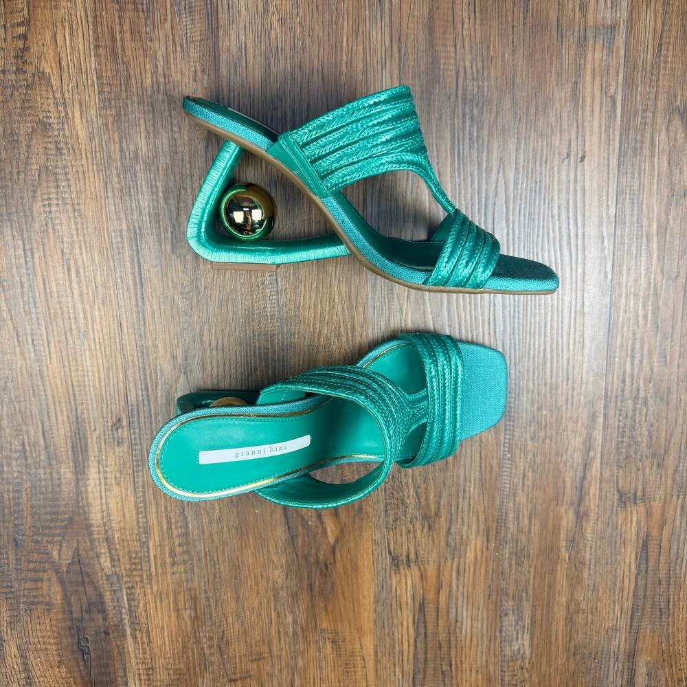 Gianni Bini size 11M Green Pate Jute Architectural wedge sandals Gold Ball heels